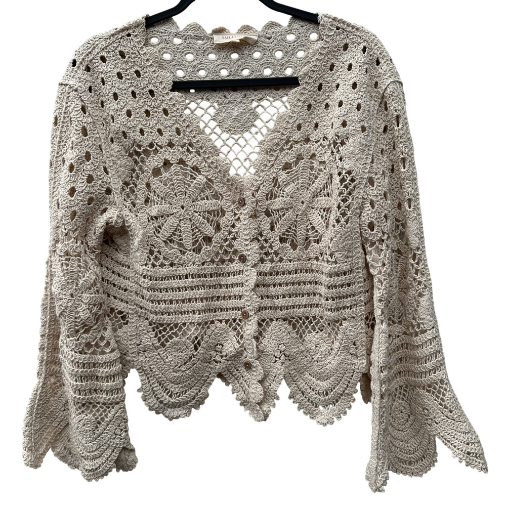 Solitaire Crochet Floral Button Front Cardigan Women Small‎ Bell Sleeve Boho